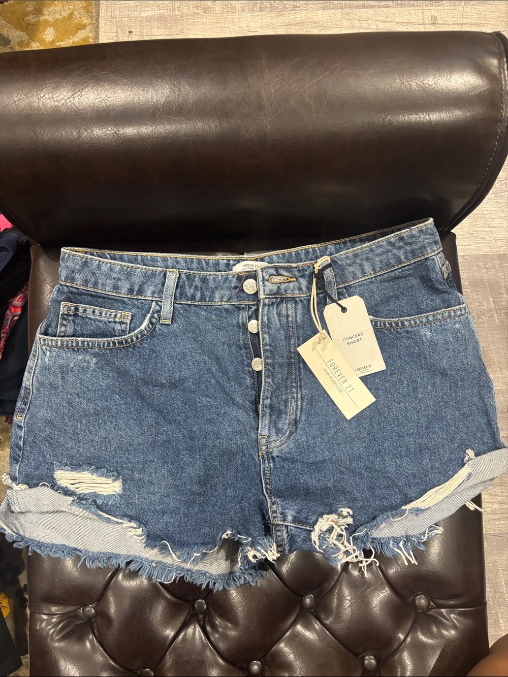 Forever 21 Medium Blue Distressed Button-Fly Denim Shorts